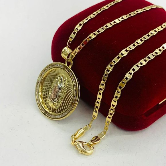 14K Gold Filled Virgen de Guadalupe Necklace Medalla Tres Oros 16" for Boy Girls - Picture 3 of 8